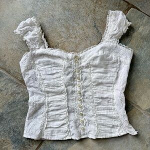 bebe White Ruffled Eyelet Button-Front Corset Tank